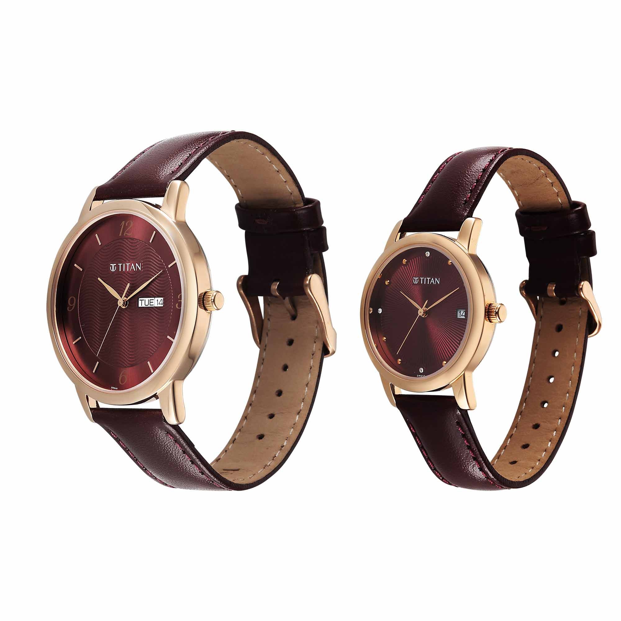 Titan Maroon Dial Leather Strap Analog with Day and Date Watch for Couple