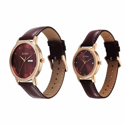 Titan Maroon Dial Leather Strap Analog with Day and Date Watch for Couple