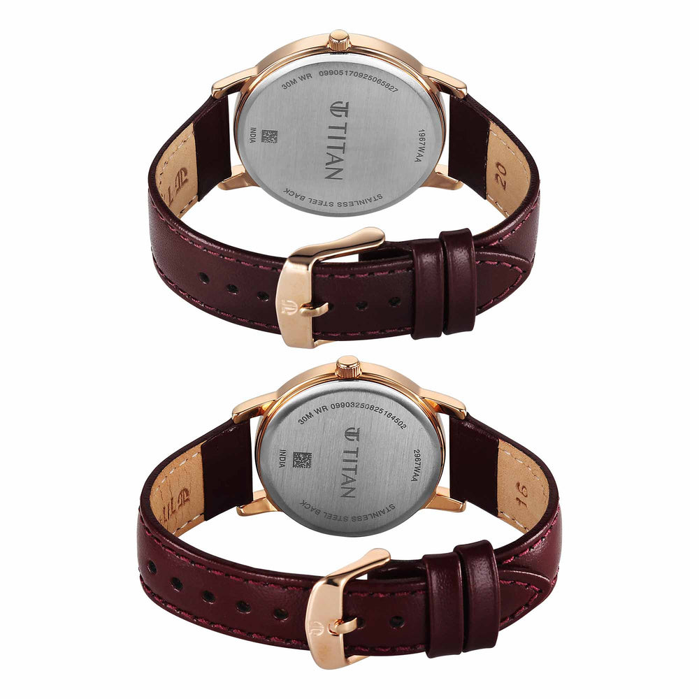 Titan Maroon Dial Leather Strap Analog with Day and Date Watch for Couple