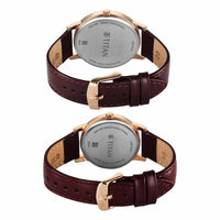 Titan Maroon Dial Leather Strap Analog with Day and Date Watch for Couple