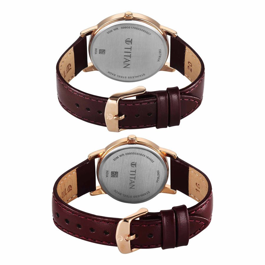 Titan Maroon Dial Leather Strap Analog with Day and Date Watch for Couple