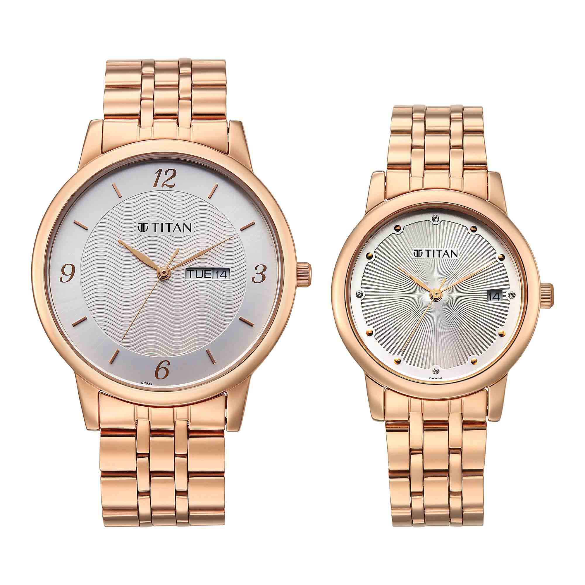 Titan Silver Dial Rose Gold Stainless Steel Strap Analog with Day and Date Watch for Couple