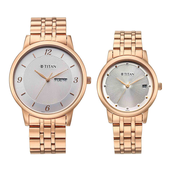 Titan Silver Dial Rose Gold Stainless Steel Strap Analog with Day and Date Watch for Couple