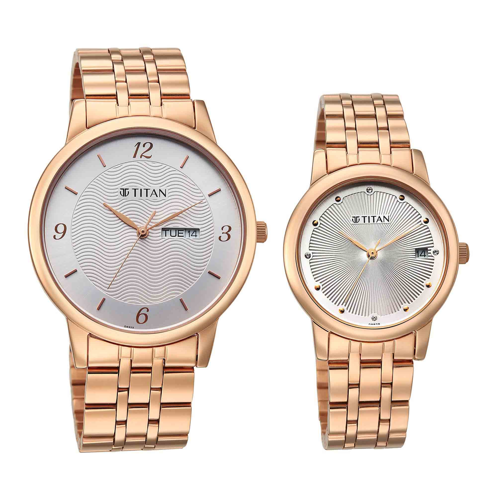 Titan Silver Dial Rose Gold Stainless Steel Strap Analog with Day and Date Watch for Couple
