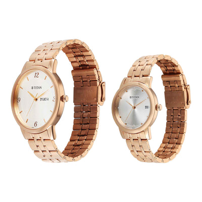 Titan Silver Dial Rose Gold Stainless Steel Strap Analog with Day and Date Watch for Couple