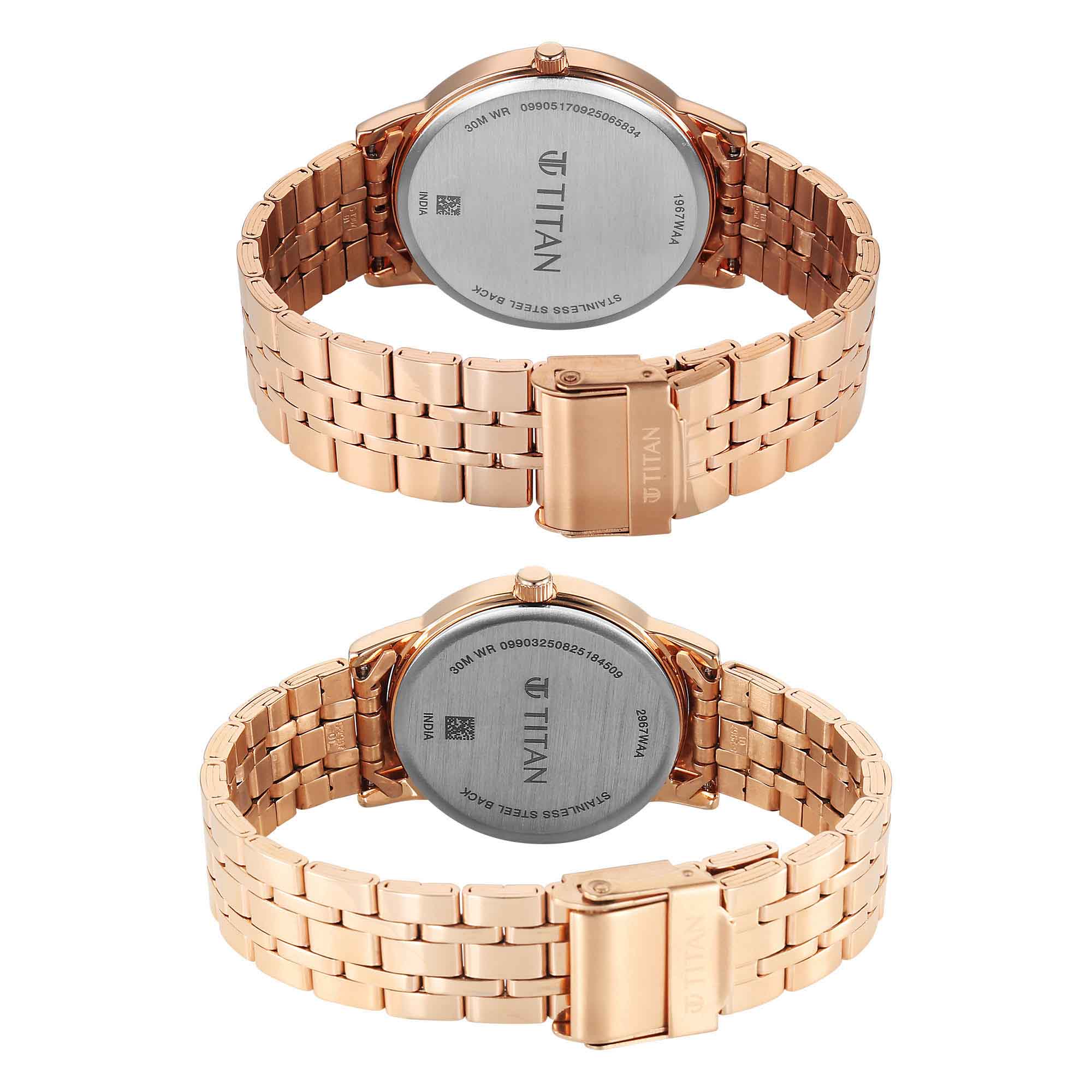 Titan Silver Dial Rose Gold Stainless Steel Strap Analog with Day and Date Watch for Couple