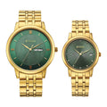 Titan Green Dial Gold Stainless Steel Strap Analog with Day and Date Watch for Couple