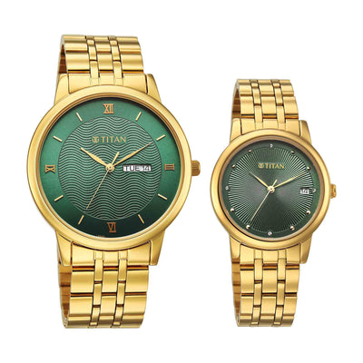 Titan Green Dial Gold Stainless Steel Strap Analog with Day and Date Watch for Couple