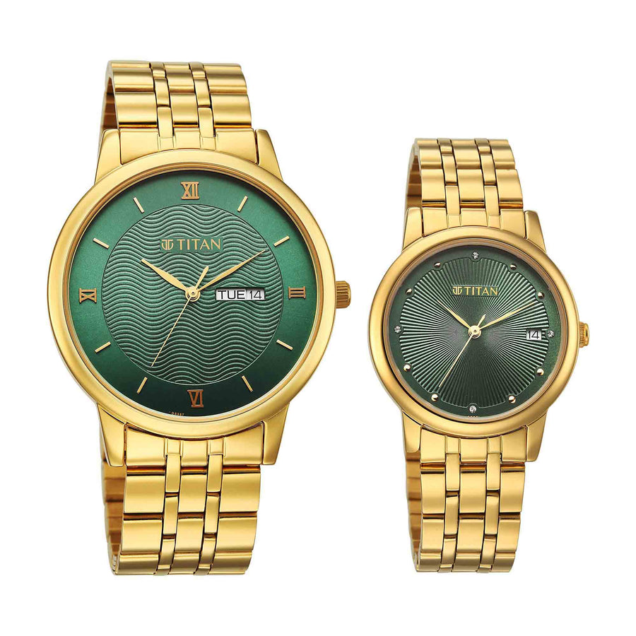 Titan Green Dial Gold Stainless Steel Strap Analog with Day and Date Watch for Couple