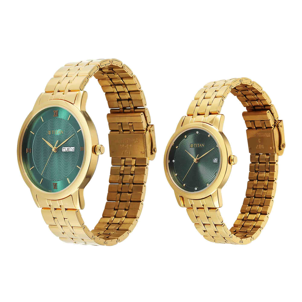 Titan Green Dial Gold Stainless Steel Strap Analog with Day and Date Watch for Couple