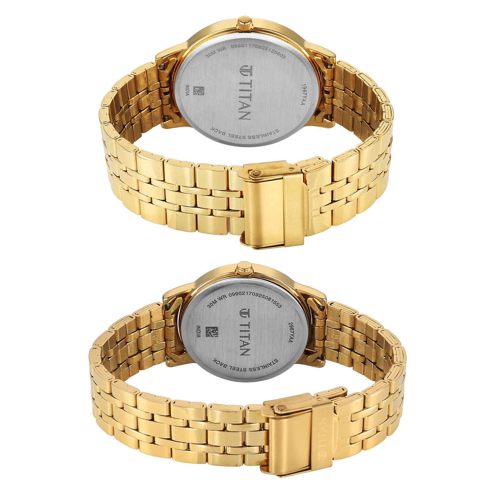 Titan Green Dial Gold Stainless Steel Strap Analog with Day and Date Watch for Couple