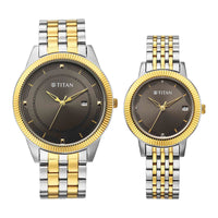 Titan Grey Dial Two Toned Stainless Steel Strap Analog with Date Watch for Couple