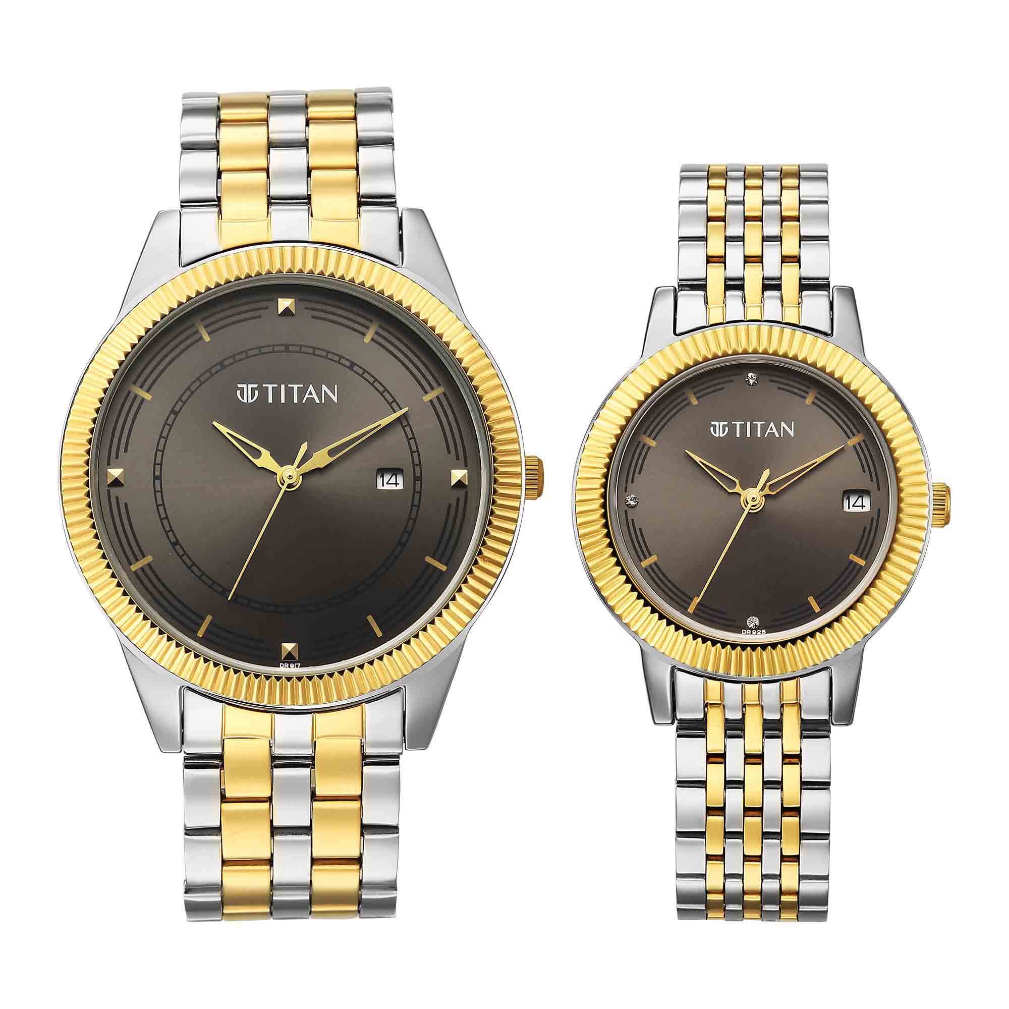 Titan Grey Dial Two Toned Stainless Steel Strap Analog with Date Watch for Couple