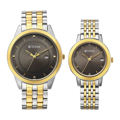 Titan Grey Dial Two Toned Stainless Steel Strap Analog with Date Watch for Couple