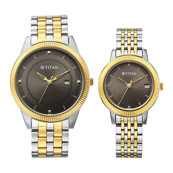 Titan Grey Dial Two Toned Stainless Steel Strap Analog with Date Watch for Couple