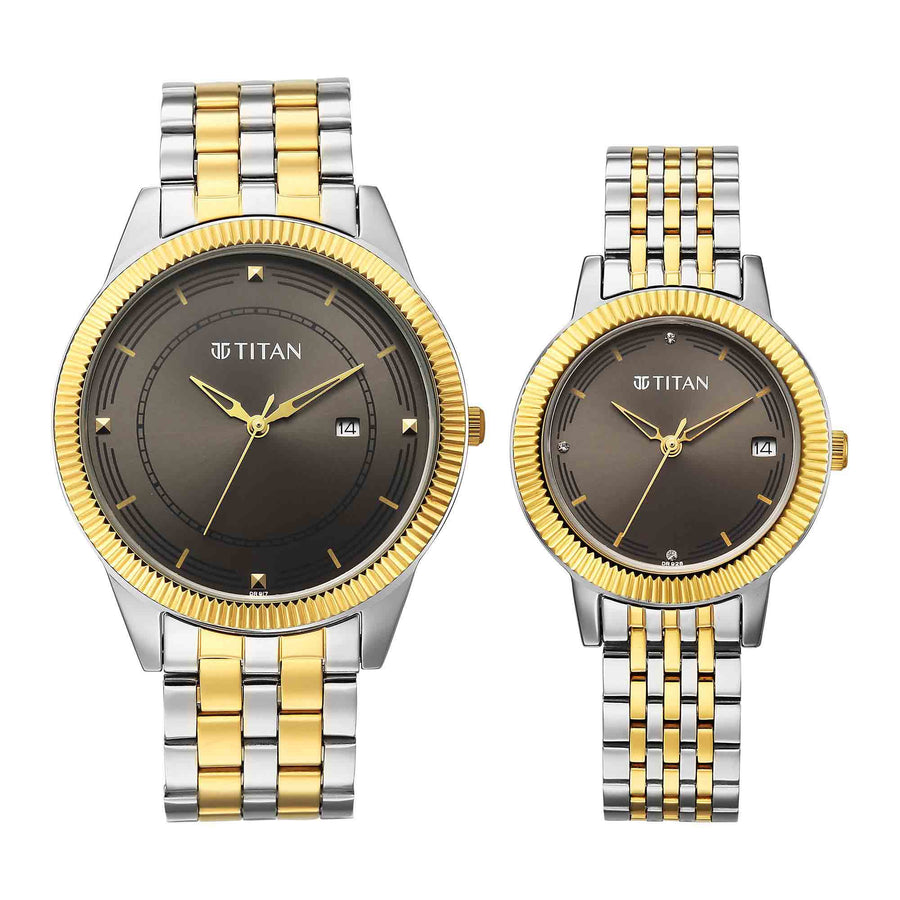 Titan Grey Dial Two Toned Stainless Steel Strap Analog with Date Watch for Couple