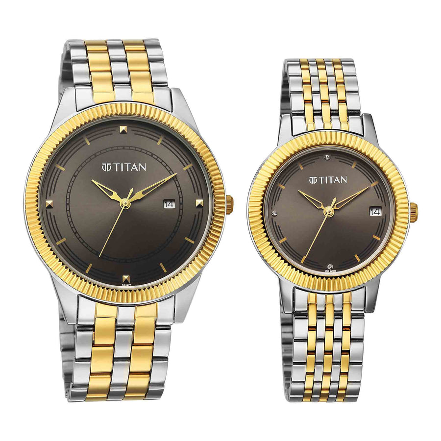 Titan Grey Dial Two Toned Stainless Steel Strap Analog with Date Watch for Couple