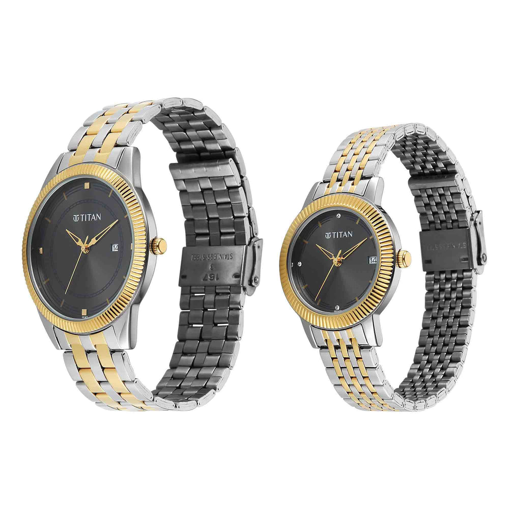 Titan Grey Dial Two Toned Stainless Steel Strap Analog with Date Watch for Couple