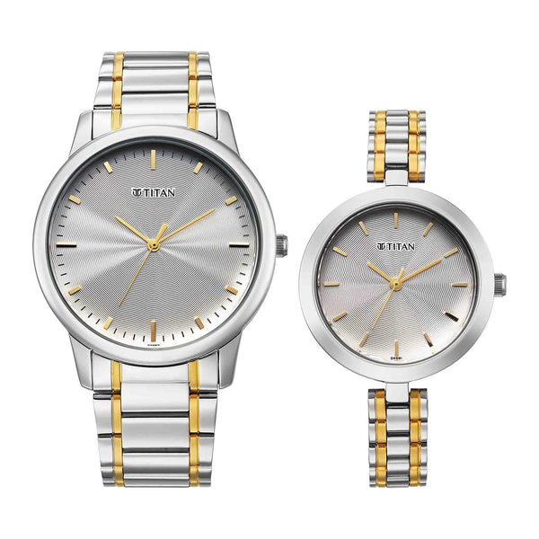 Titan Silver Dial Two Toned Stainless Steel Strap Analog Watch for Couple