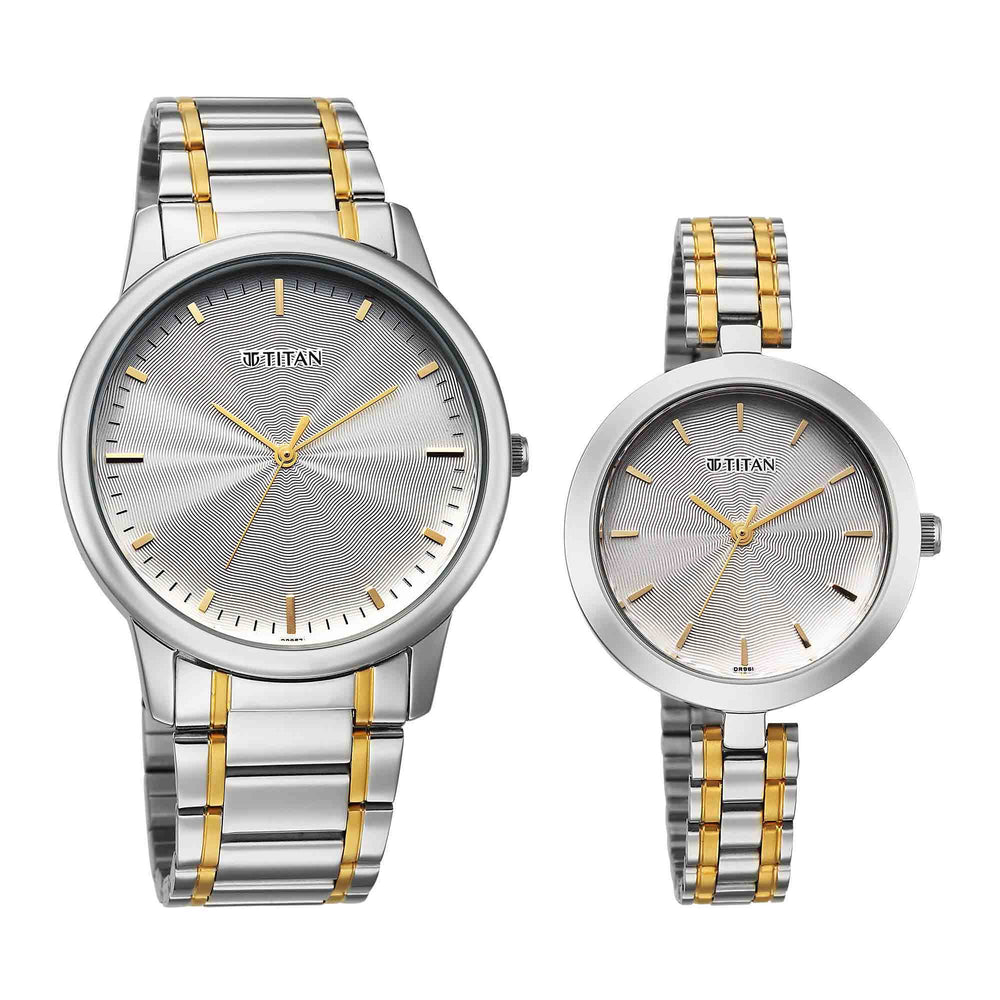 Titan Silver Dial Two Toned Stainless Steel Strap Analog Watch for Couple