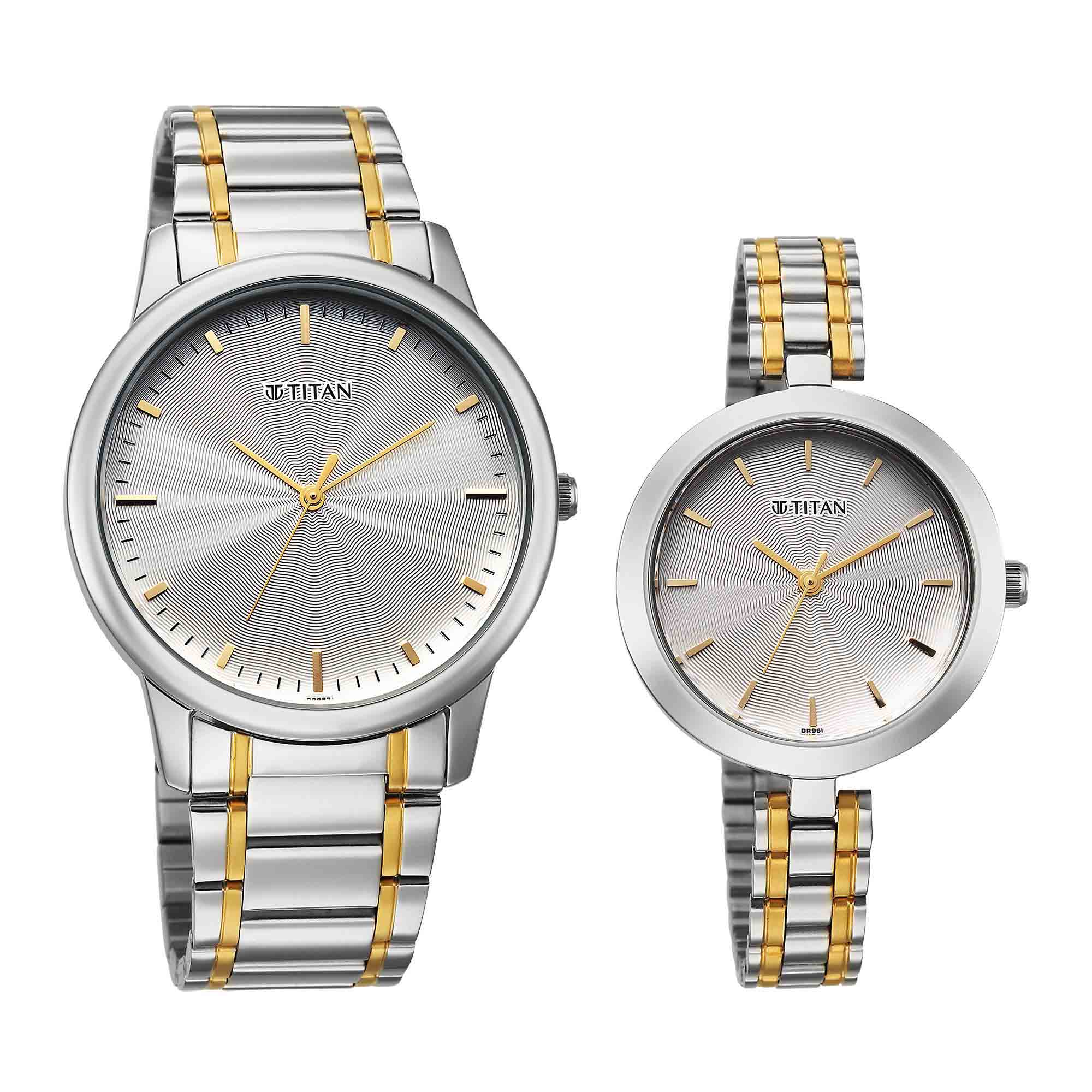 Titan Silver Dial Two Toned Stainless Steel Strap Analog Watch for Couple
