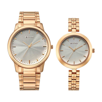 Titan Silver Dial Rose Gold Stainless Steel Strap Analog Watch for Couple