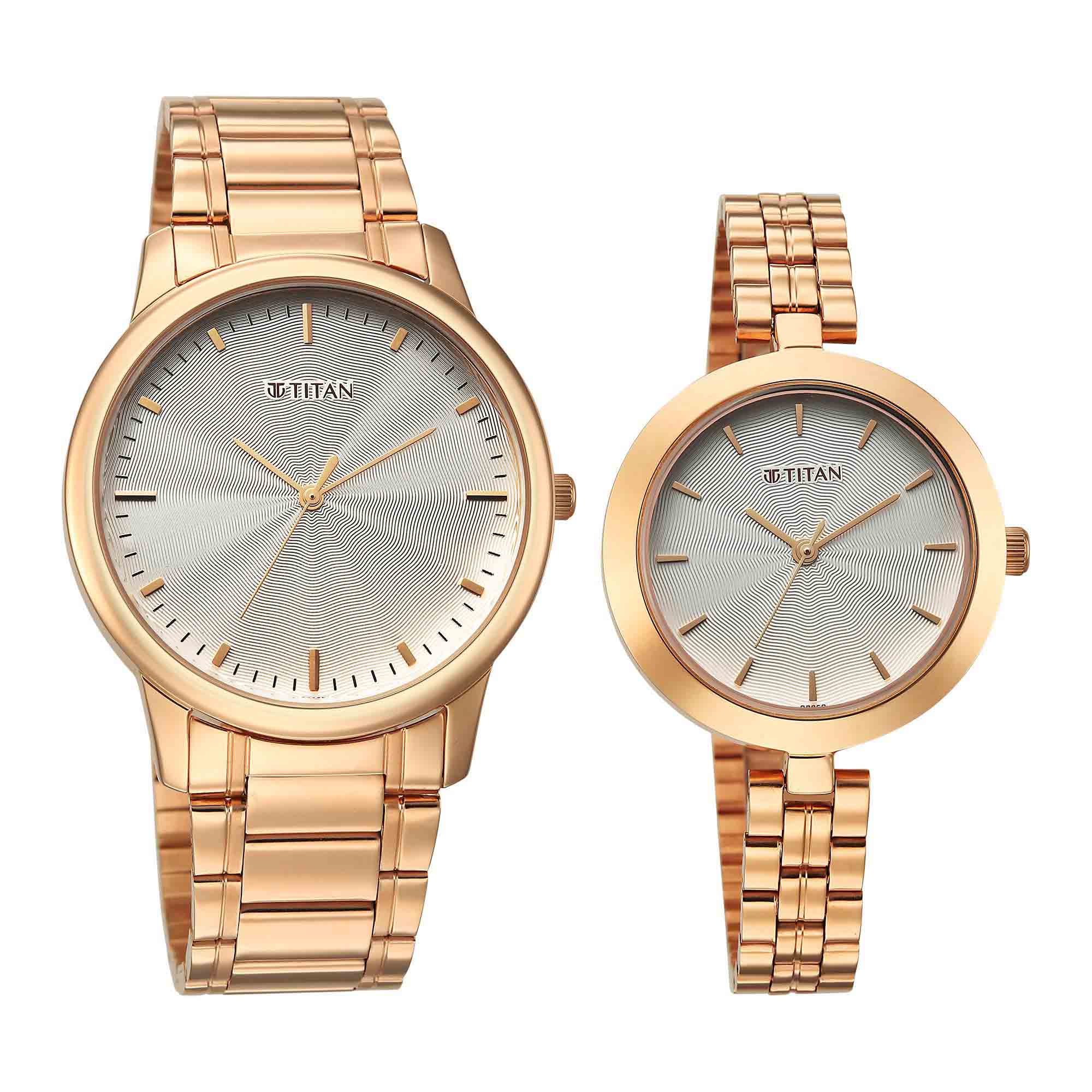 Titan Silver Dial Rose Gold Stainless Steel Strap Analog Watch for Couple