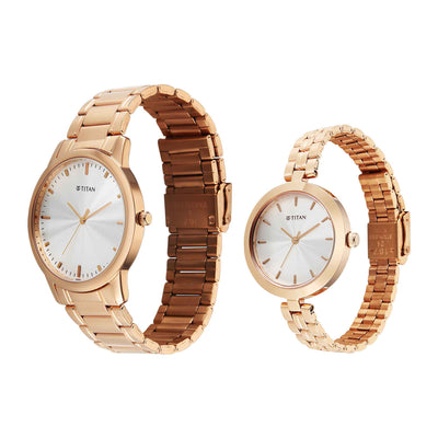 Titan Silver Dial Rose Gold Stainless Steel Strap Analog Watch for Couple