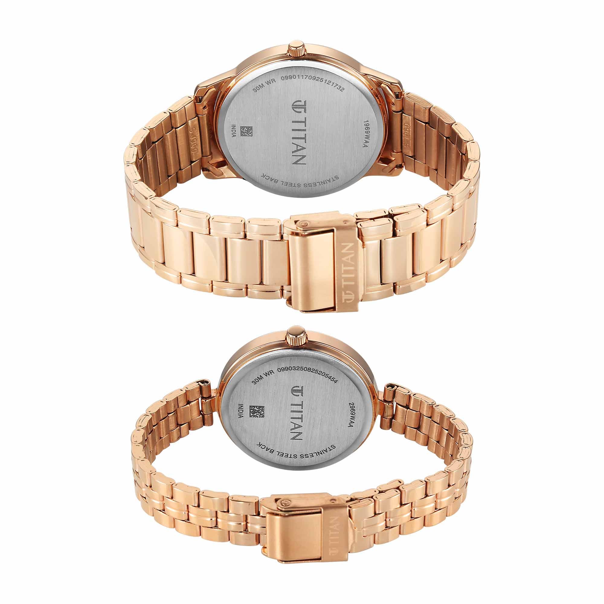 Titan Silver Dial Rose Gold Stainless Steel Strap Analog Watch for Couple