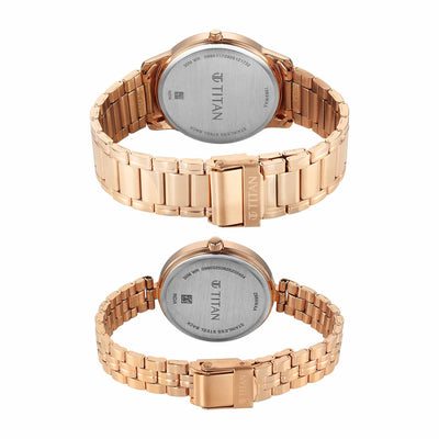 Titan Silver Dial Rose Gold Stainless Steel Strap Analog Watch for Couple