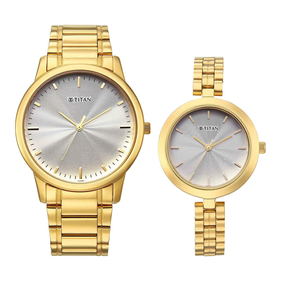 Titan Silver Dial Gold Stainless Steel Strap Analog Watch for Couple