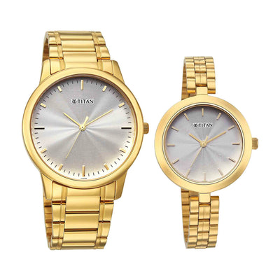 Titan Silver Dial Gold Stainless Steel Strap Analog Watch for Couple