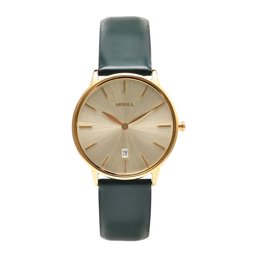 Titan Nebula 18K Gold Dial Green Leather Strap Analog with Date Watch for Men
