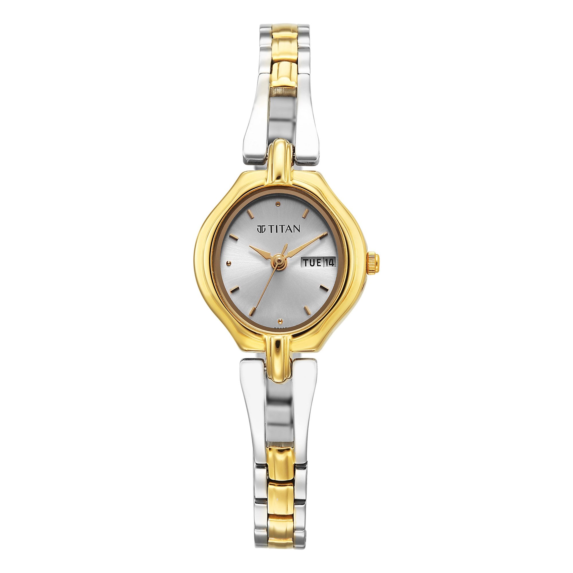 Titan Karishma Silver Dial Dual Color Stainless Steel Strap Analog with Day-Date Watch for Women