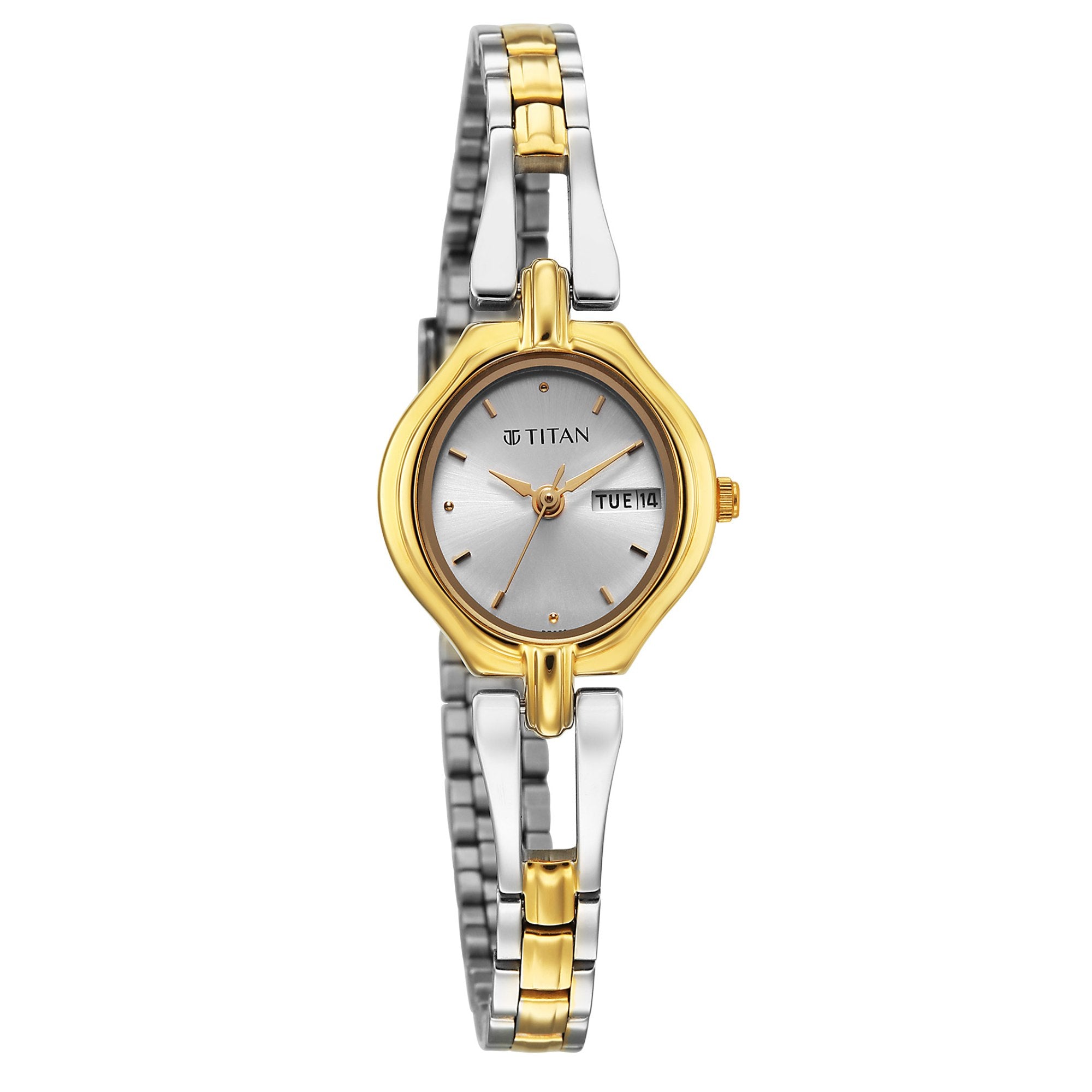 Titan Karishma Silver Dial Dual Color Stainless Steel Strap Analog with Day-Date Watch for Women