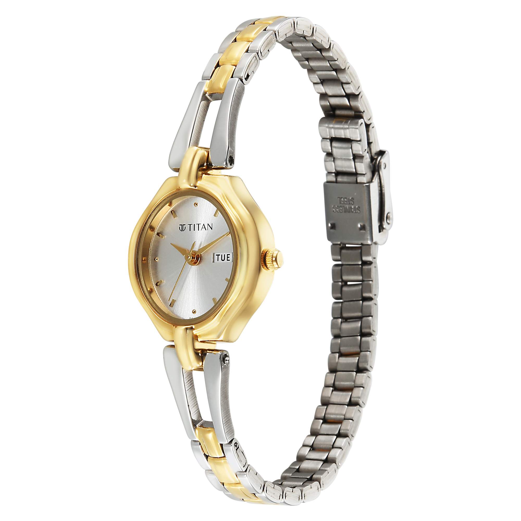 Titan Karishma Silver Dial Dual Color Stainless Steel Strap Analog with Day-Date Watch for Women