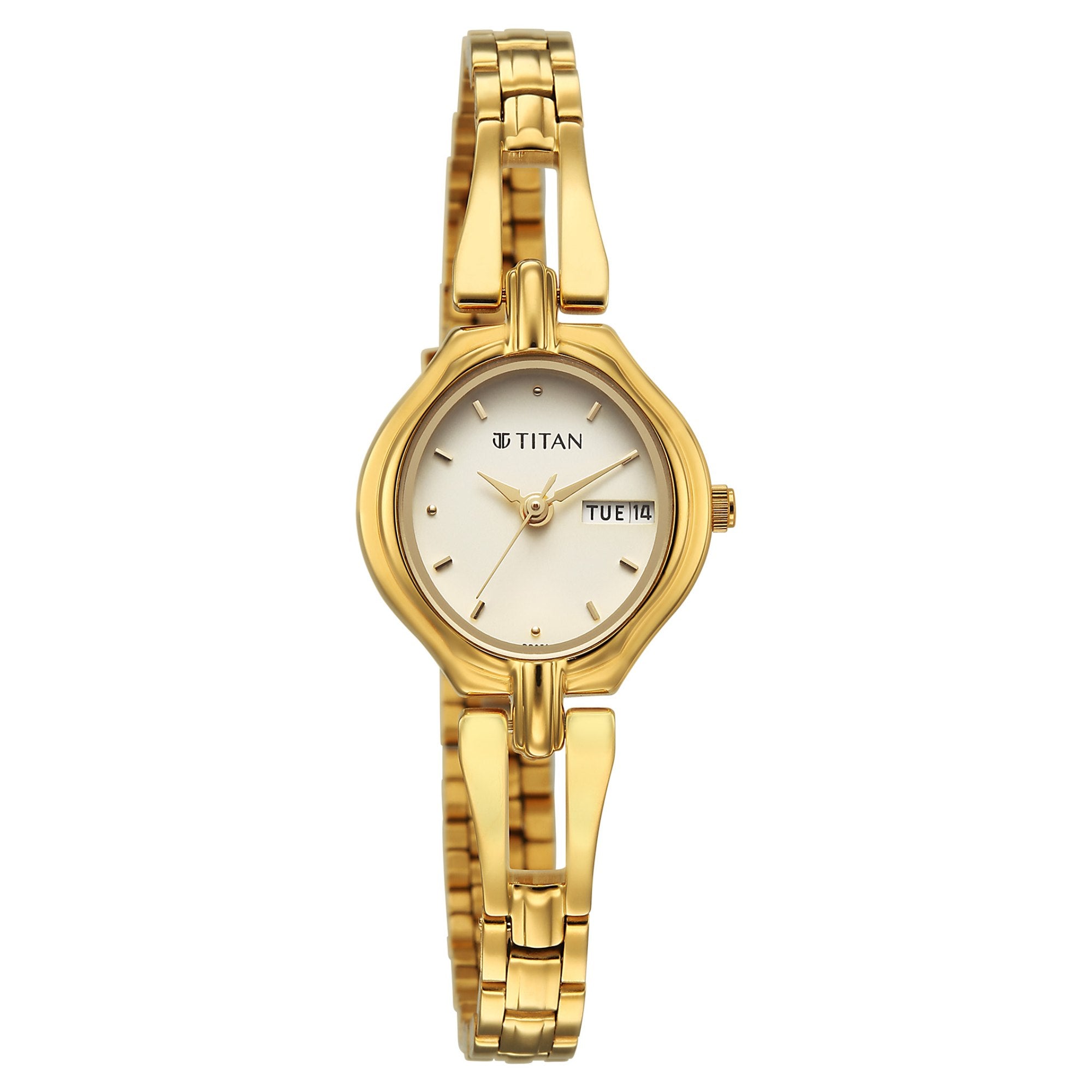 Titan Karishma Gold Dial Stainless Steel Strap Analog with Day-Date Watch for Women