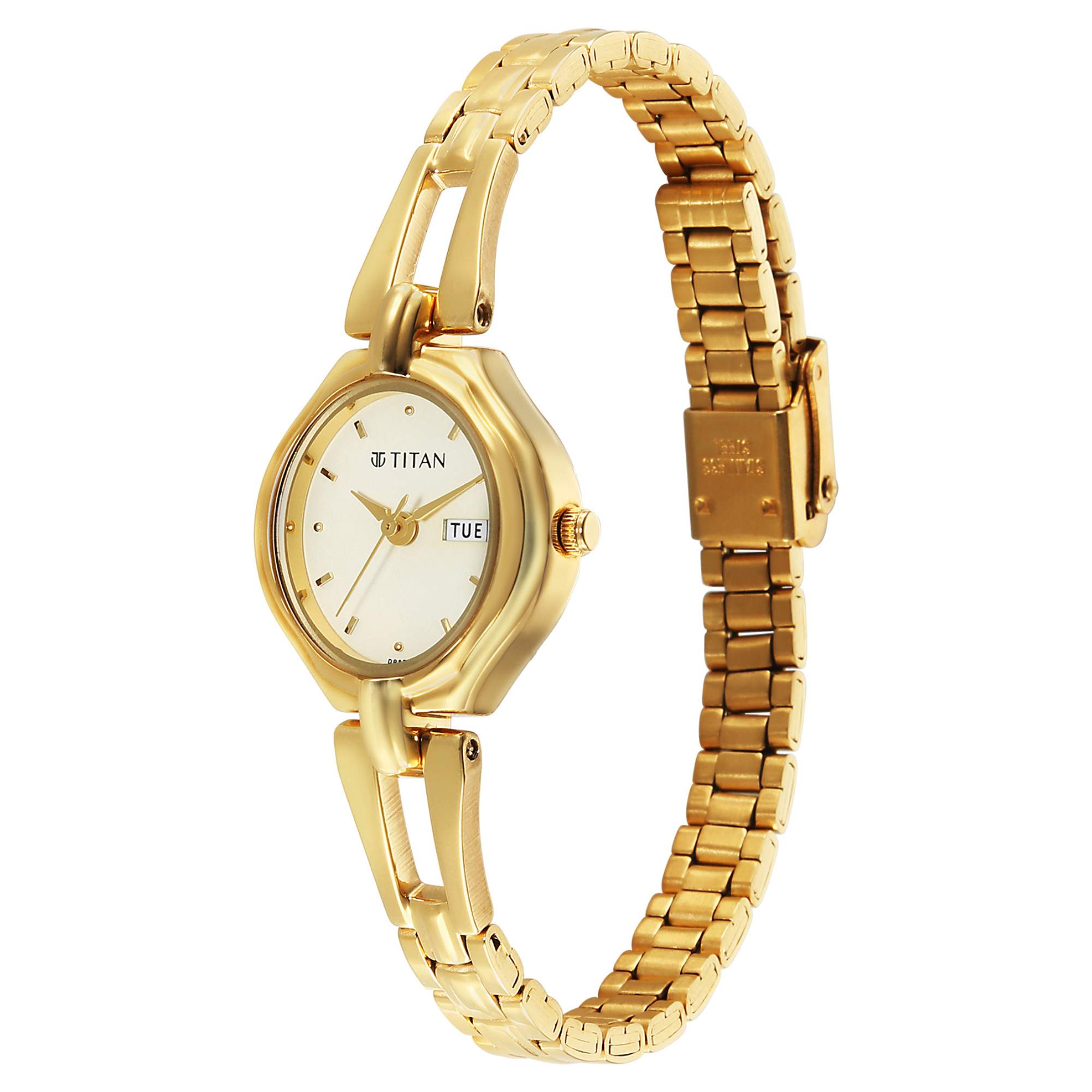 Titan Karishma Gold Dial Stainless Steel Strap Analog with Day-Date Watch for Women