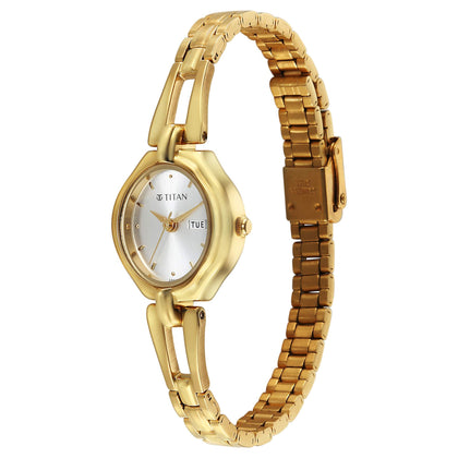Titan Karishma Silver Oval Dial Gold Stainless Steel Strap Analog Watch for Women