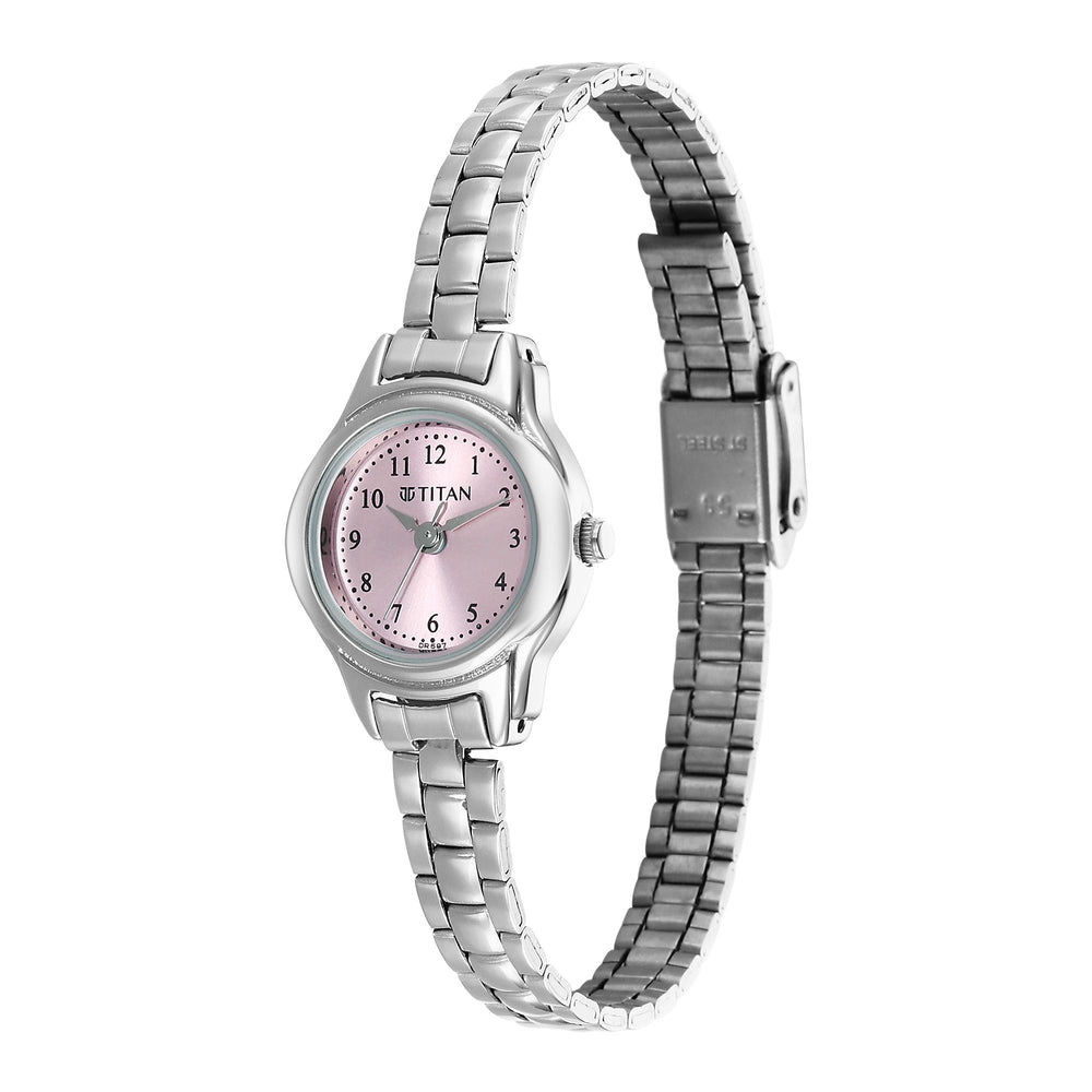 Titan Karishma Pink Dial Silver Stainless Steel Strap Analog Watch for Women