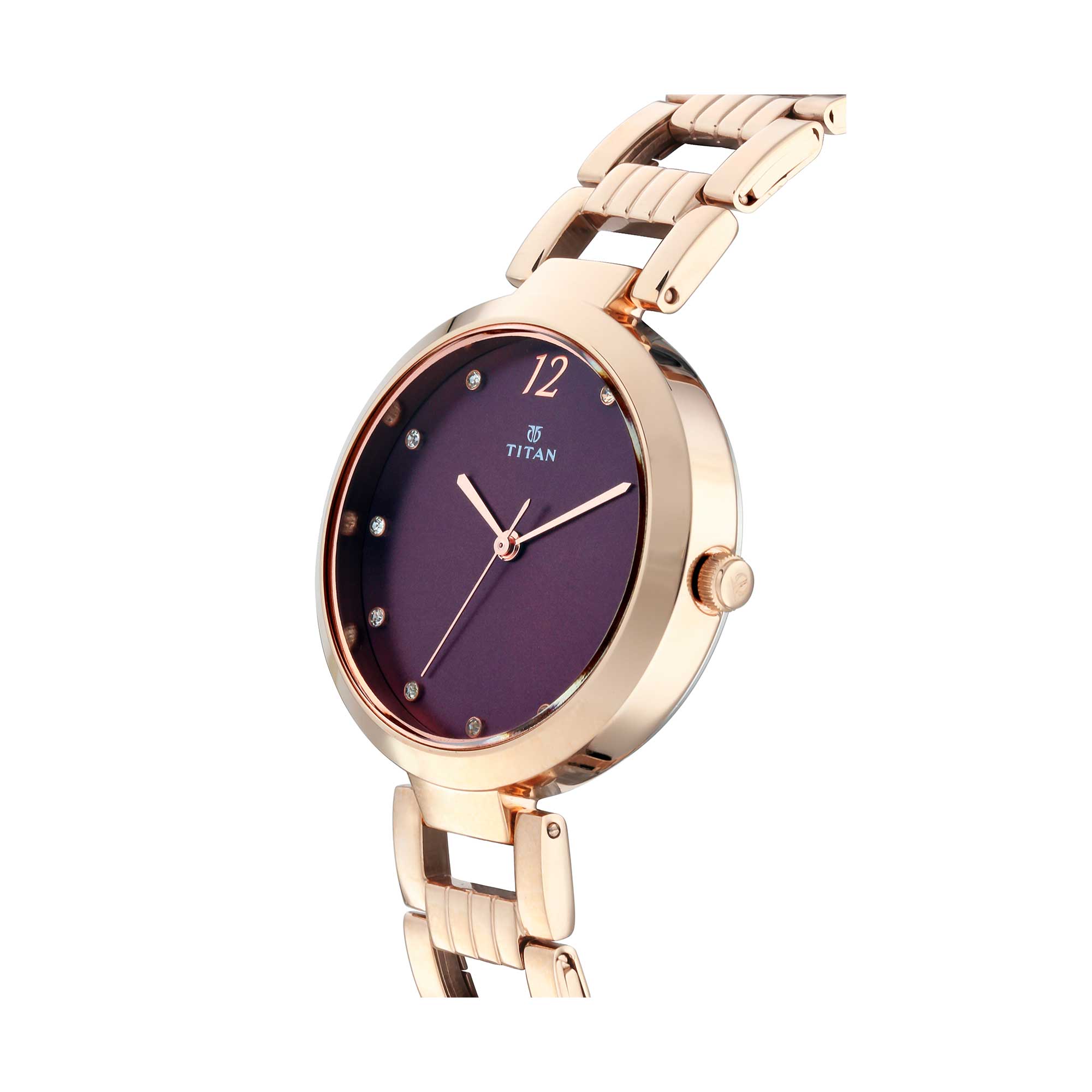 Titan Purple Dial Rose Gold Stainless Steel Strap Analog Watch for Women