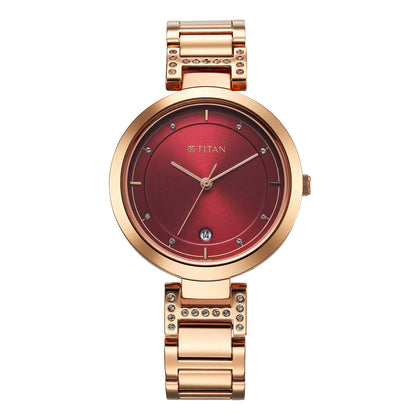 Titan Red Dial Gold Stainless Steel Analog Watch for Women