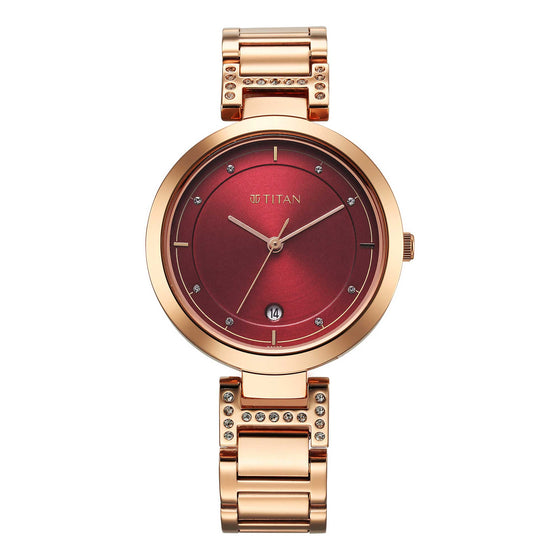 Titan Red Dial Gold Stainless Steel Analog Watch for Women