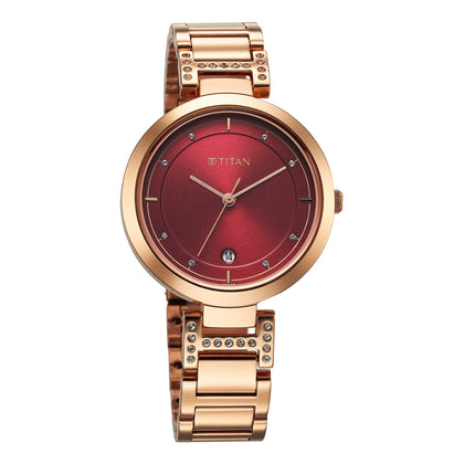 Titan Red Dial Gold Stainless Steel Analog Watch for Women