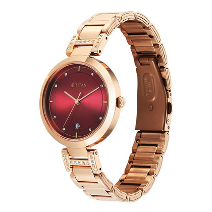 Titan Red Dial Gold Stainless Steel Analog Watch for Women