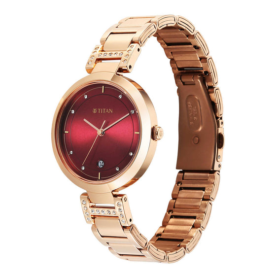 Titan Red Dial Gold Stainless Steel Analog Watch for Women