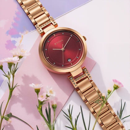 Titan Red Dial Gold Stainless Steel Analog Watch for Women