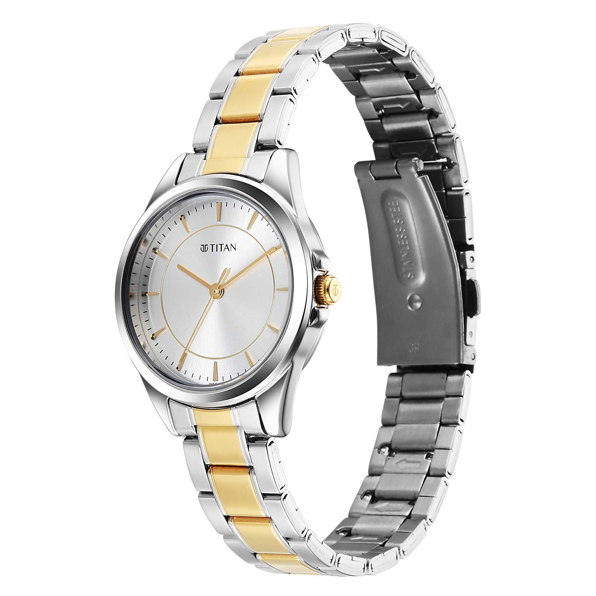 Titan Silver Dial Two Toned Metal Strap Analog Watch for Women