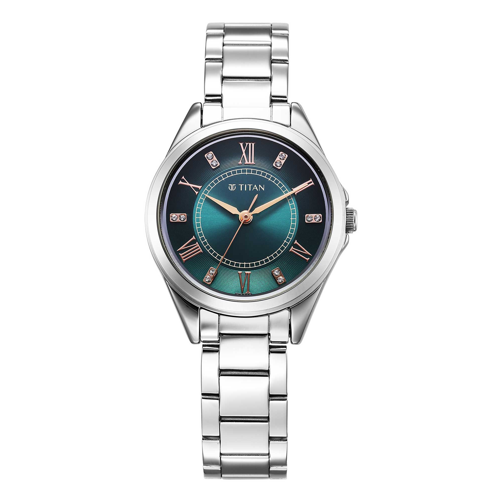Titan Green Dial Silver Metal Strap Analog Watch for Women