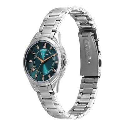 Titan Green Dial Silver Metal Strap Analog Watch for Women